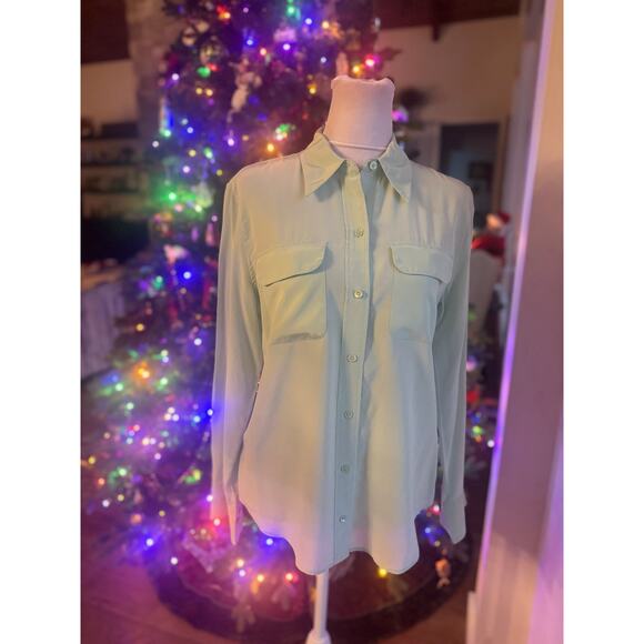 Equipment Jade Mint Green Long Sleeve Silk Button Down Patch Pocket Blouse EUC M - Picture 5 of 12